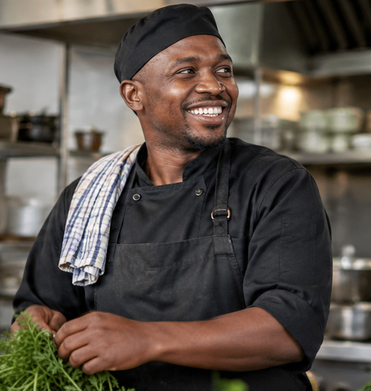 Chef in a commercial kitchen holding fresh herbs